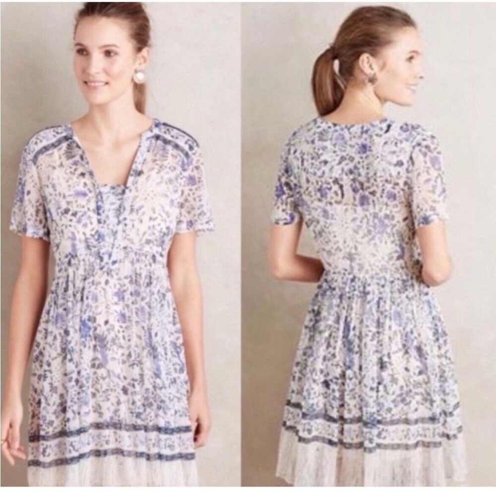 Anthropologie Blue and White Floral Mini Dress